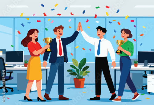 A team celebrates a workplace victory, holding trophies, confetti falling. Two high-fiving. Office setting