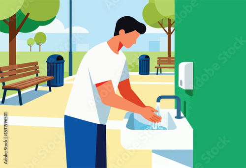 A man in a park washes his hands at a sink. Benches, trees, and trash cans are in the background