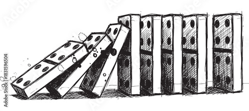 Row of hand-drawn black and white dominoes toppling over in a sequential chain reaction, a sketchy monochrome illustration representing the concept of consequence and collapse