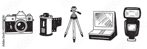 Hand-drawn set of vintage photography equipment including a retro camera, film roll, tripod, monitor, and flash in a black and white doodle style illustration