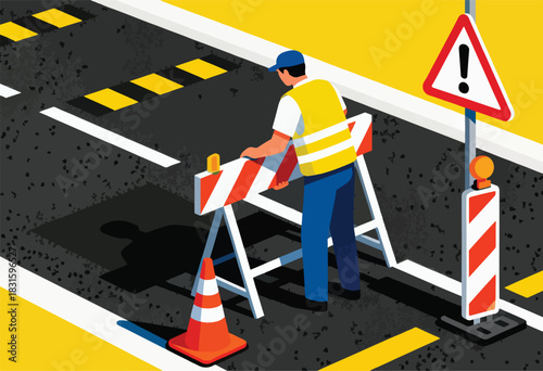 Illustration depicts a road worker setting up a barricade near a warning sign, cone, and traffic lines