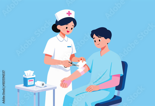 A cartoon nurse is tending to a patient. She is cutting a bandage on the patient’s arm. Tissue box and roll nearby