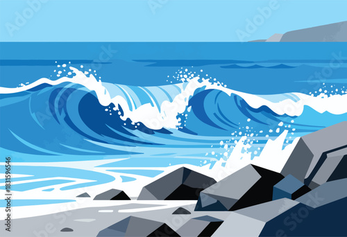Stylized illustration of a large wave crashing near rocks, with calm ocean and distant land