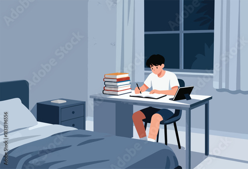 A young person studies in a blue-toned room at night. A desk holds books, notepad, and tablet. Bed, window