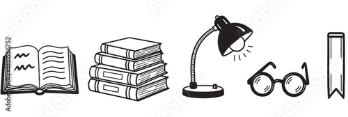 Set of hand-drawn reading icons including an open book, a stack of textbooks, a desk lamp, glasses, and a bookmark in a simple black and white line art doodle style