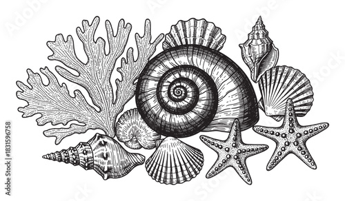 Detailed black and white seashell collection with starfish and coral, hand-drawn in a classic scientific illustration style with intricate hatching and stippling for a vintage feel