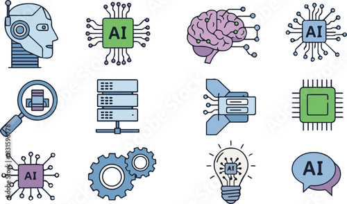 A collection of twelve colorful flat design icons representing artificial intelligence, robotics, data processing, and technological concepts.