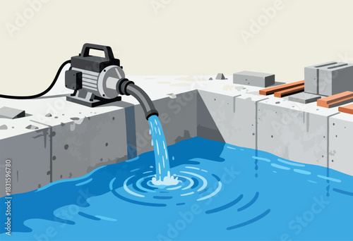 Illustration of a water pump discharging water into a blue pool within a concrete structure