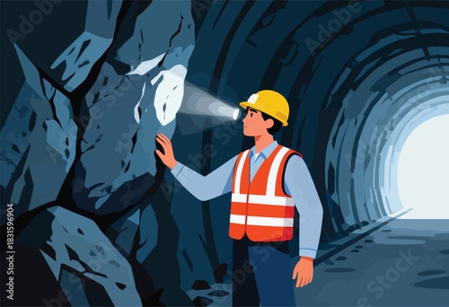 An illustrated worker shines a light on a cave wall in a tunnel. The tunnel opening is visible ahead