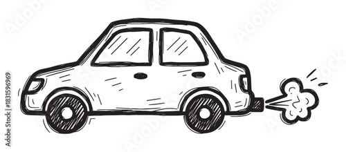 Hand-drawn black and white car sketch with thick outlines and exhaust smoke coming from the tailpipe, depicted in a simple, playful cartoon doodle style from a side view
