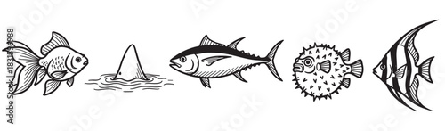Set of black and white fish illustrations including a goldfish, shark fin, tuna, pufferfish, and angelfish in a graphic, hand-drawn woodcut style