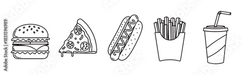 Black and white line art icons of fast food items including a hamburger, pizza slice, hotdog, french fries, and a drink, presented as a simple and clean graphic illustration set