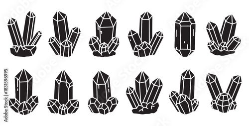 Collection of black crystal cluster silhouettes with white outlines showing various geometric shapes and formations, presented as a set of graphic design elements for mystical themes