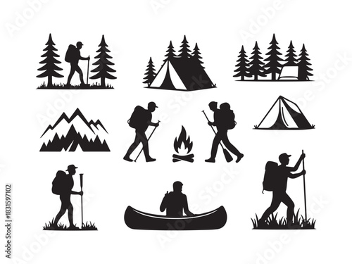 Camping & Hiking Silhouette Icon Set – Outdoor Adventure Vector Illustration