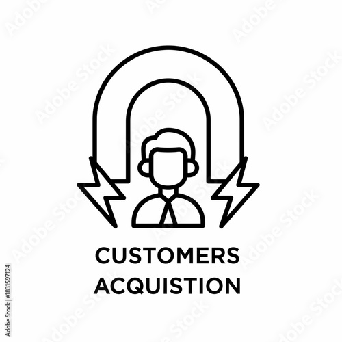Black line art icon symbolizing effective customer acquisition strategies and business growth through the magnetic attraction of new clientele
