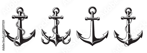 Four black vintage nautical anchor illustrations in a classic tattoo style, featuring different designs with and without ropes, symbolizing maritime adventure and naval tradition