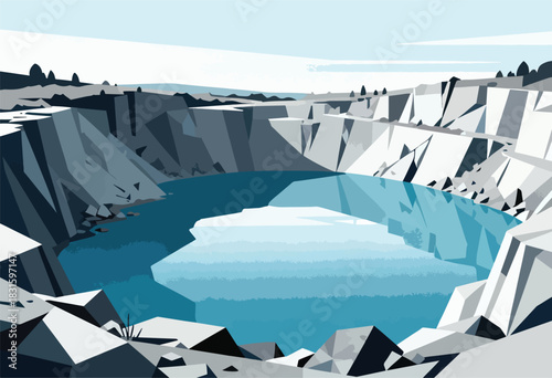 A geometric illustration of a quarry lake, featuring layered rock formations and cool blue tones