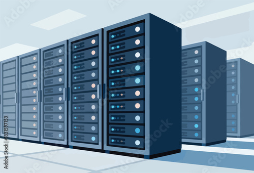 Illustration depicts a server room with several tall, dark blue server racks. Various lights indicate activity