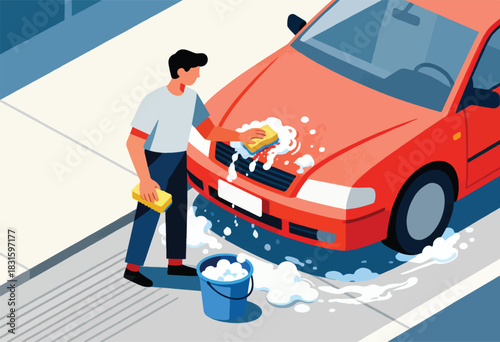 A man washes a red car with a sponge and soapy water, a bucket is at the side