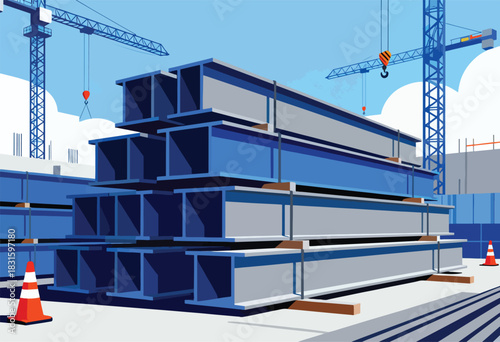 Cartoon illustration depicts a construction site. Steel beams stacked with cranes towering,  sky blue background