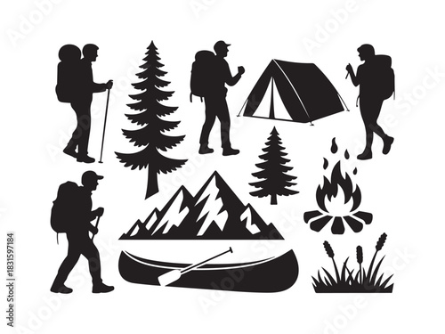 Camping & Hiking Silhouette Icon Set – Outdoor Adventure Vector Illustration