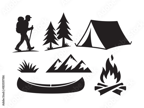 Camping & Hiking Silhouette Icon Set – Outdoor Adventure Vector Illustration
