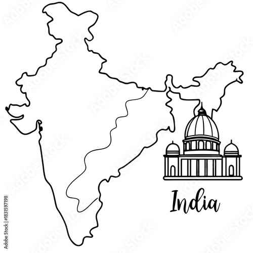 Black-and-white outline map of India with a domed landmark centered over it, decorative corner flourishes, and a ribbon below reading **India**.