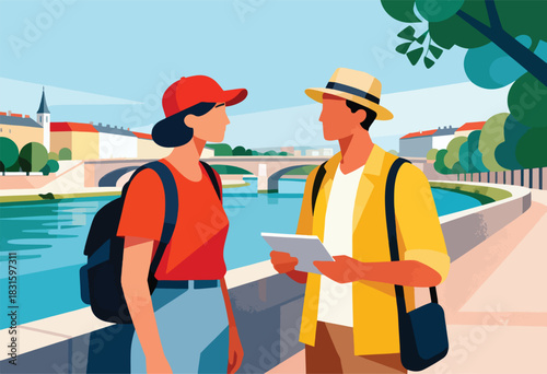 Vector illustration of two travelers by a river with a bridge, discussing a tablet, city backdrop