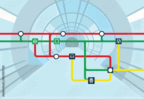 An abstract underground transportation schematic with colored lines, stations, and icons against an architectural backdrop