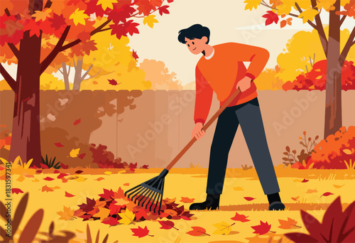 A person rakes colorful leaves in an autumn garden, surrounded by trees and a brown fence