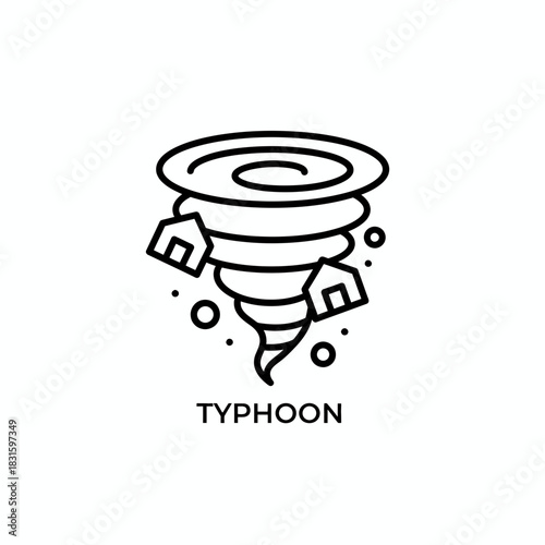 Typhoon icon representing a powerful storm with houses and debris being swept up, symbolizing natural disaster and danger