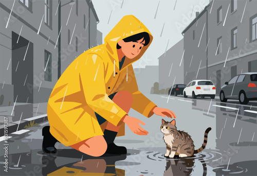 A person in a yellow raincoat kneels in the rain to pet a cat on a wet street. Cars and buildings are in the background