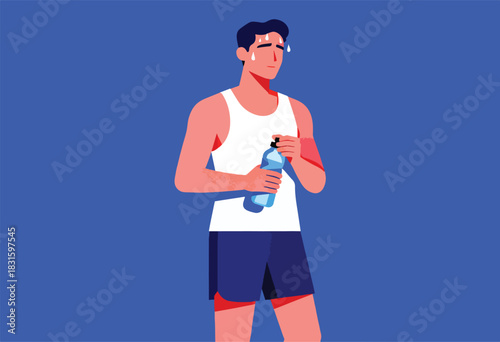 Illustration of a man, drenched in sweat, holding a water bottle, on a solid blue background