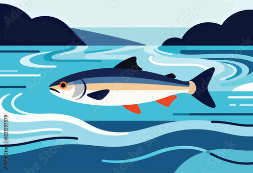 A stylized fish swims in a blue river with dark mountainous backdrop, geometric illustration