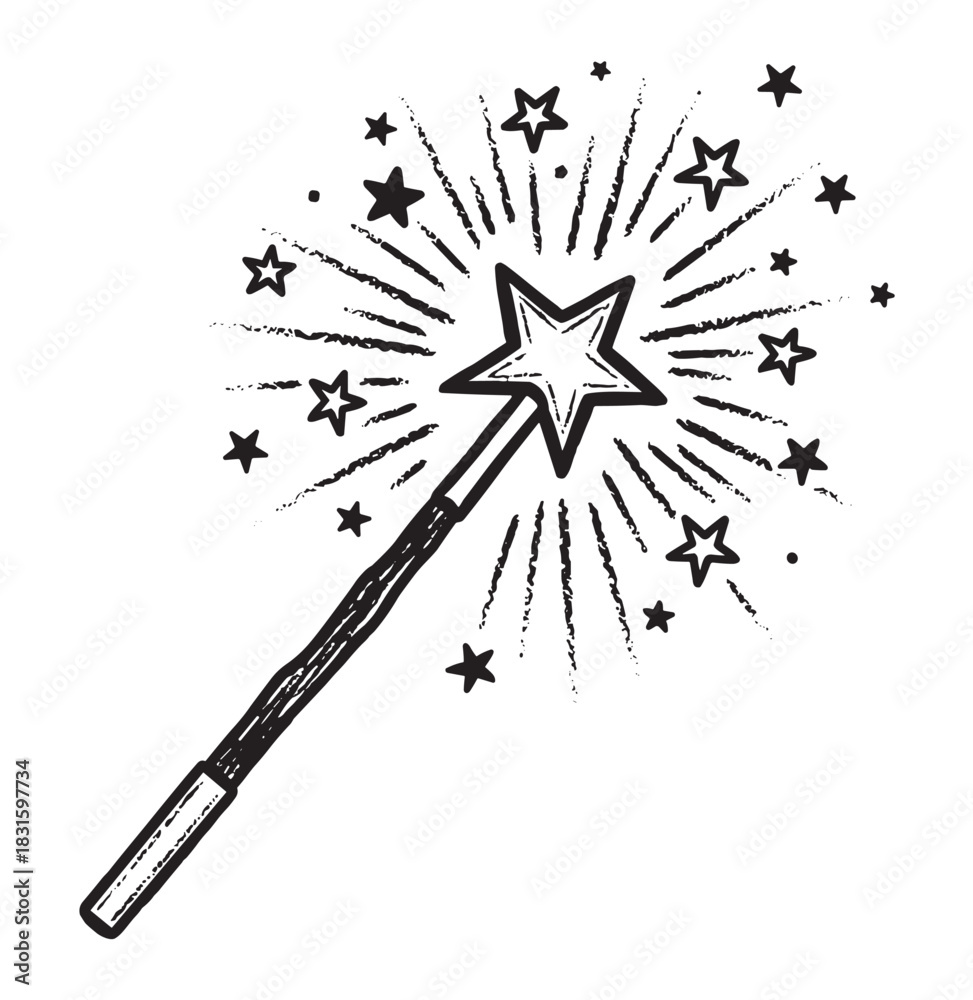 Obraz premium Black and white hand-drawn magic wand with a star tip casting a spell with a burst of sparkling stars and light rays in a simple, charming sketch illustration style