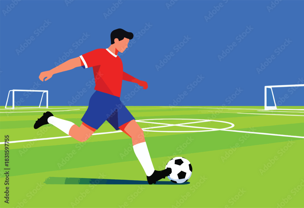 Fototapeta premium A simplified illustration shows a soccer player mid-kick, striking a black and white ball. Goals and field are in the background