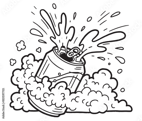 Open aluminum soda can splashing fizzy liquid in a chaotic explosion of foam and bubbles, illustrated in a simple black and white cartoon line art doodle style
