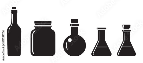 Set of black silhouette bottle, jar, and laboratory flask icons showing various container shapes for science, alchemy, or potions in a clean graphic illustration