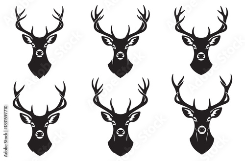 Collection of six majestic stag head icons in a bold black silhouette style, featuring detailed antlers and a strong frontal view for a powerful wildlife or hunting symbol