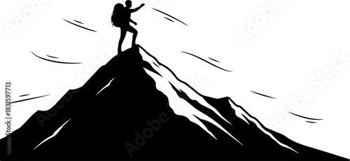 Hiker Crossing River Silhouette – Mountain Adventure Vector Scene