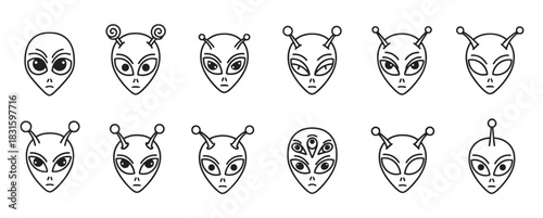 Collection of black line art alien heads with various eye shapes and antennae designs, presented as a set of minimalist icons for a science fiction concept