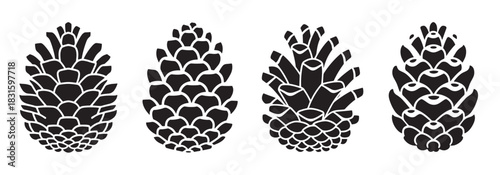 Four black pinecone illustrations in a set, each with a unique graphic design, showcasing a modern and minimalist interpretation of natural forest elements for seasonal decoration
