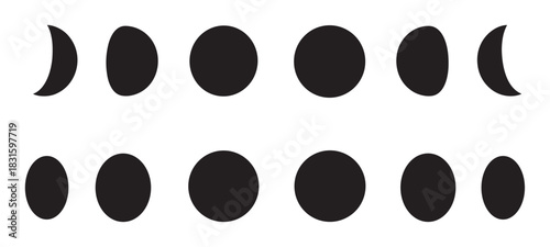 Black moon phases vector icon set showing the lunar cycle from new to full and back, with a second row of elliptical planet phases in a minimalist graphic style illustration