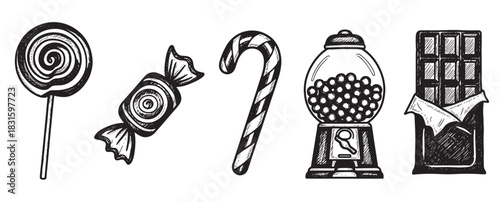 Set of hand-drawn candy illustrations featuring a lollipop, wrapped sweet, candy cane, gumball machine, and chocolate bar in a vintage black and white engraving style