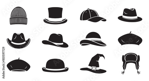 Collection of black hat silhouettes in various styles including beanie, top hat, fedora, cowboy, and witch hat, presented as a graphic icon set for fashion and costume concepts