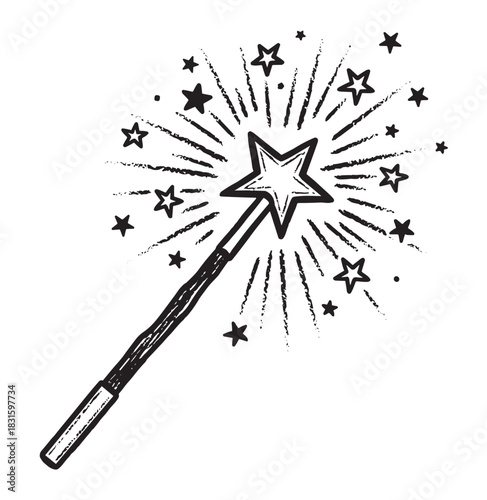 Black and white hand-drawn magic wand with a star tip casting a spell with a burst of sparkling stars and light rays in a simple, charming sketch illustration style