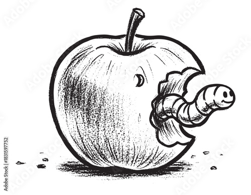 Hand-drawn black and white apple with a happy cartoon worm crawling out of a large bite mark, depicted in a whimsical, sketchy, and textured illustration style