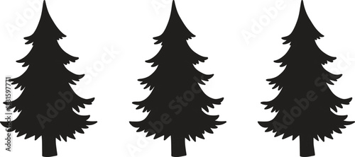 Set of different black silhouette evergreen pine trees isolated on a white background