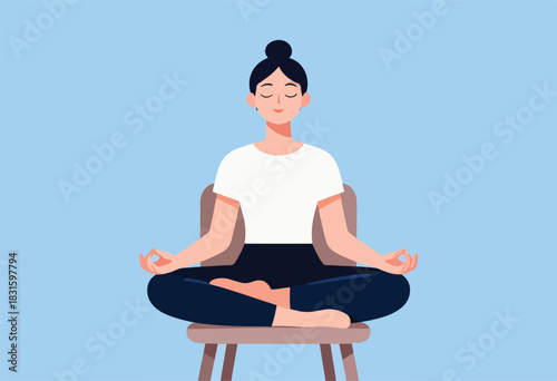 A seated person meditates with eyes closed and hands in mudra, on a simple chair. Background is a pastel blue