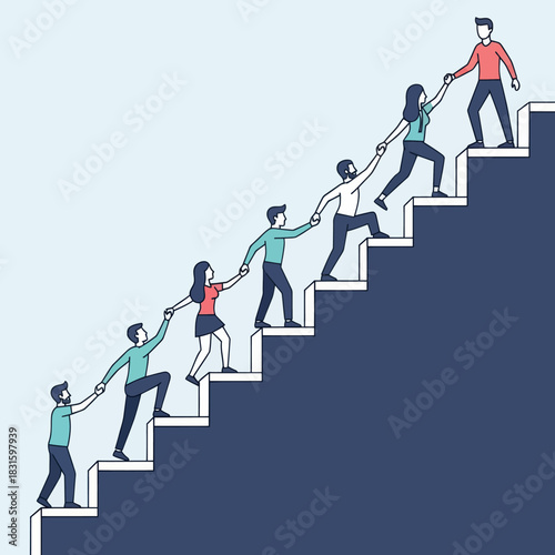Diverse group of people helping each other climb up stairs together.
